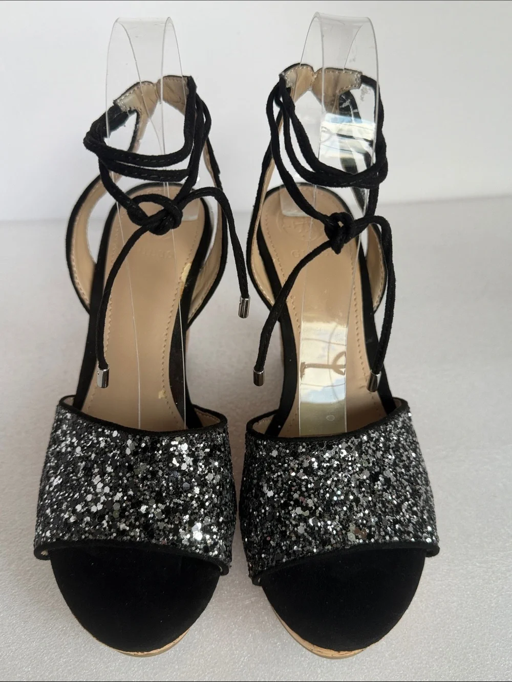 Guess Black Glitter Cork Wedge Sandals with Ankle Tie